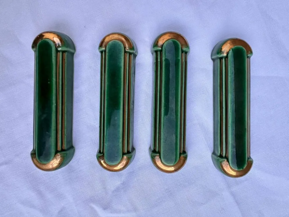 4 porte-couteaux vintage style Art Déco, émail vert émeraude et or
