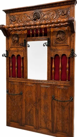 Portemanteai de hall néo-Renaissance antique avec miroir et porte-parapluies