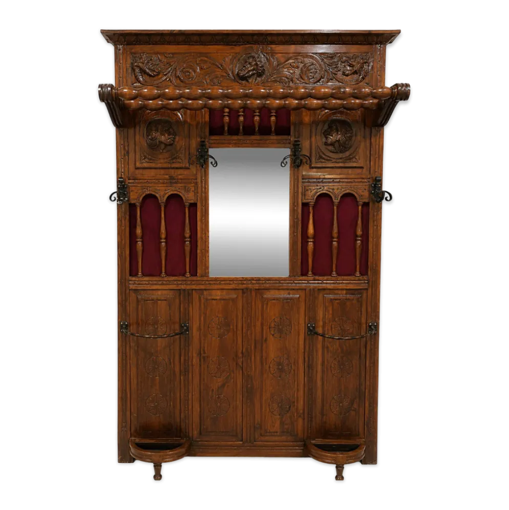 Portemanteai de hall néo-Renaissance antique avec miroir et porte-parapluies