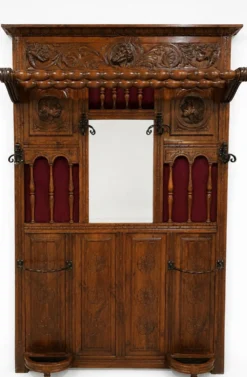 Portemanteai de hall néo-Renaissance antique avec miroir et porte-parapluies