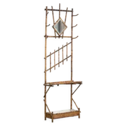 Porte-manteau ancien français en bambou, avec miroir et porte-parapluie.