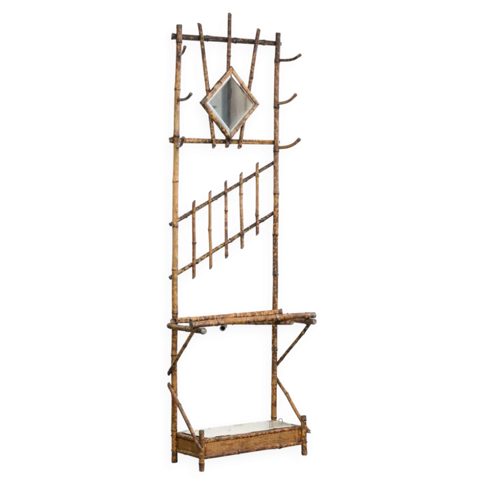 Porte-manteau ancien français en bambou, avec miroir et porte-parapluie.