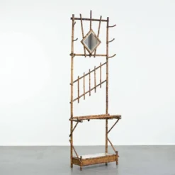Porte-manteau ancien français en bambou, avec miroir et porte-parapluie.