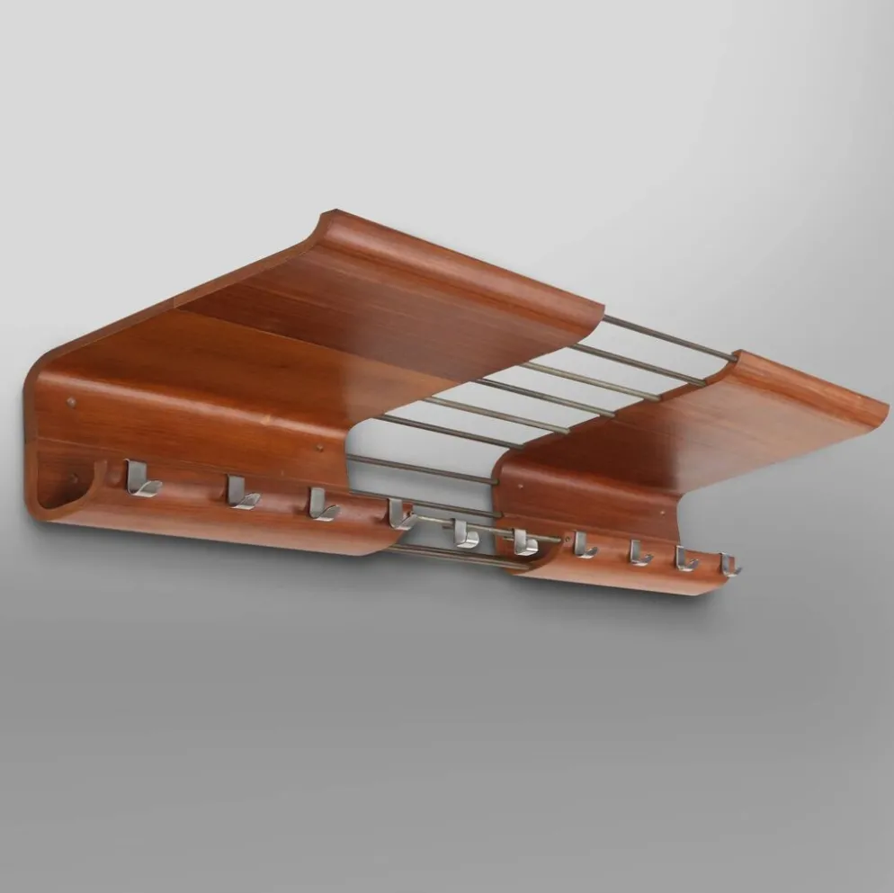 Porte-manteau de milieu de siècle en contreplaqué cintré attribué à De Coene, Belgique, années 1960.
