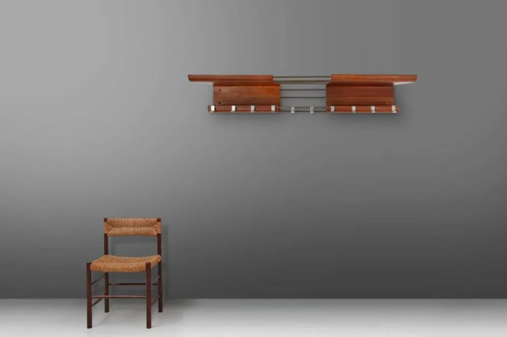 Porte-manteau de milieu de siècle en contreplaqué cintré attribué à De Coene, Belgique, années 1960.