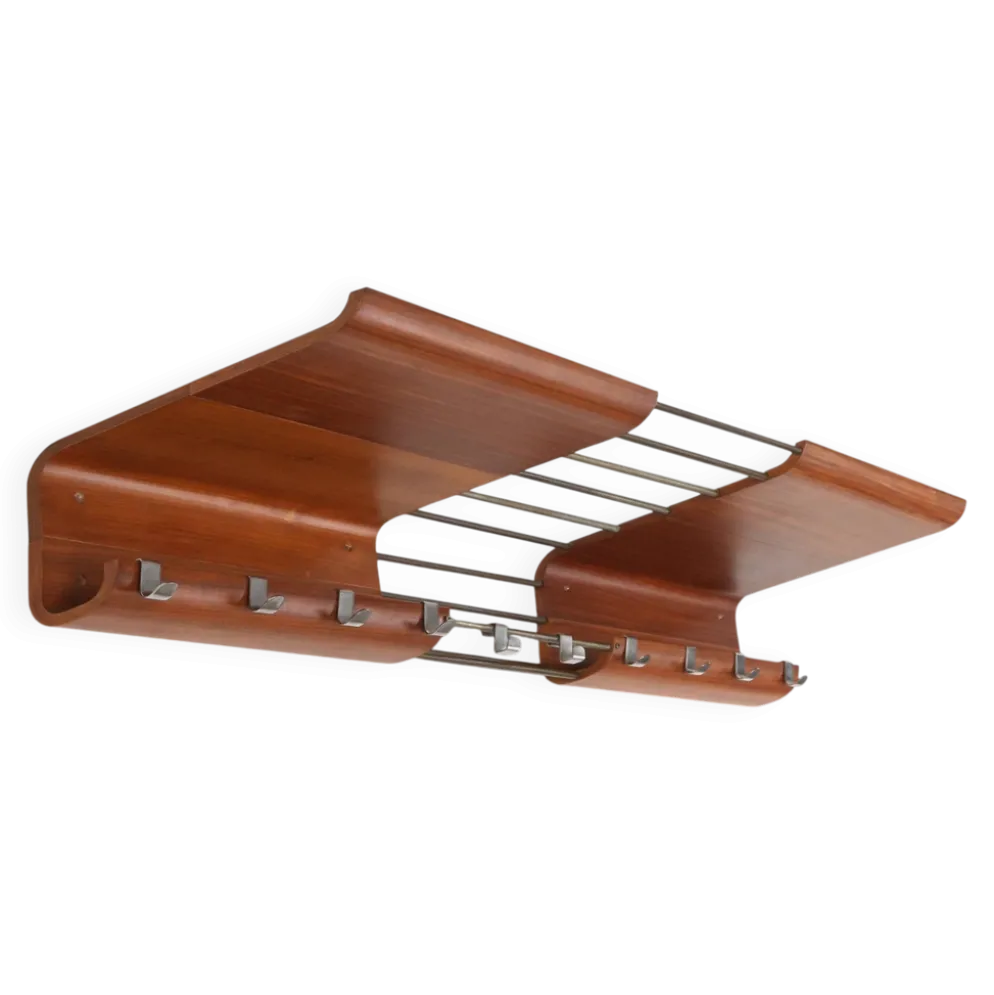 Porte-manteau de milieu de siècle en contreplaqué cintré attribué à De Coene, Belgique, années 1960.