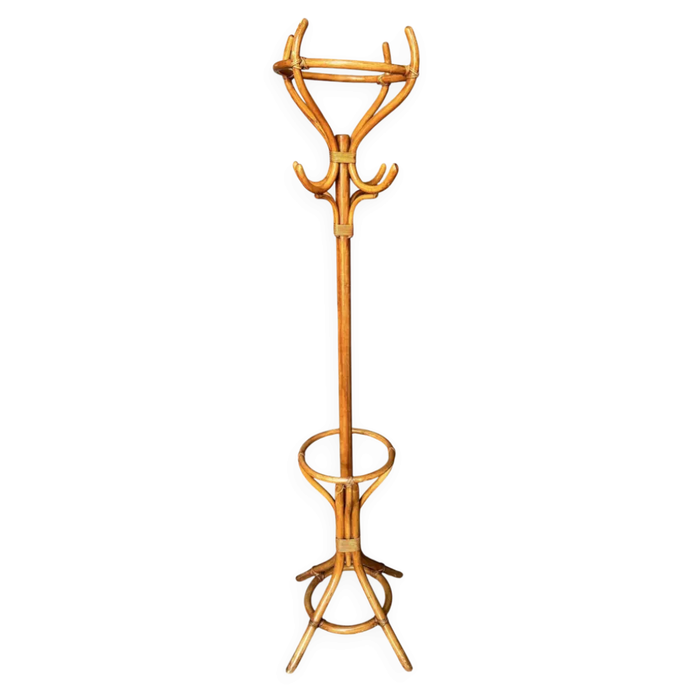 Porte-manteau en bois cintré et en rotin, années 1960