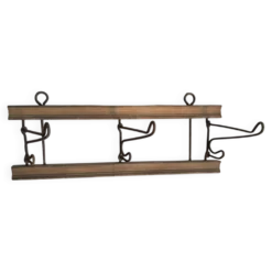 Porte-manteau mural antique en bois et fer marron, vers 1900, crochets pliants