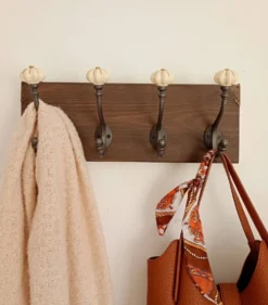 Porte manteau mural bois crochet fonte et céramique - fait main