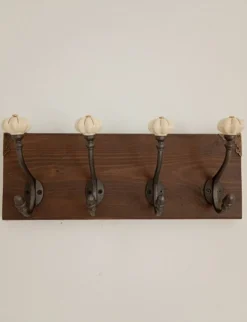 Porte manteau mural bois crochet fonte et céramique - fait main