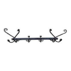 Porte-manteau mural brutaliste en fer forgé 10 patères, années 50