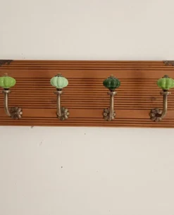 Porte-manteau mural en bois – 40 cm – 4 patères en métal et céramique verte