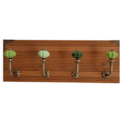 Porte-manteau mural en bois – 40 cm – 4 patères en métal et céramique verte