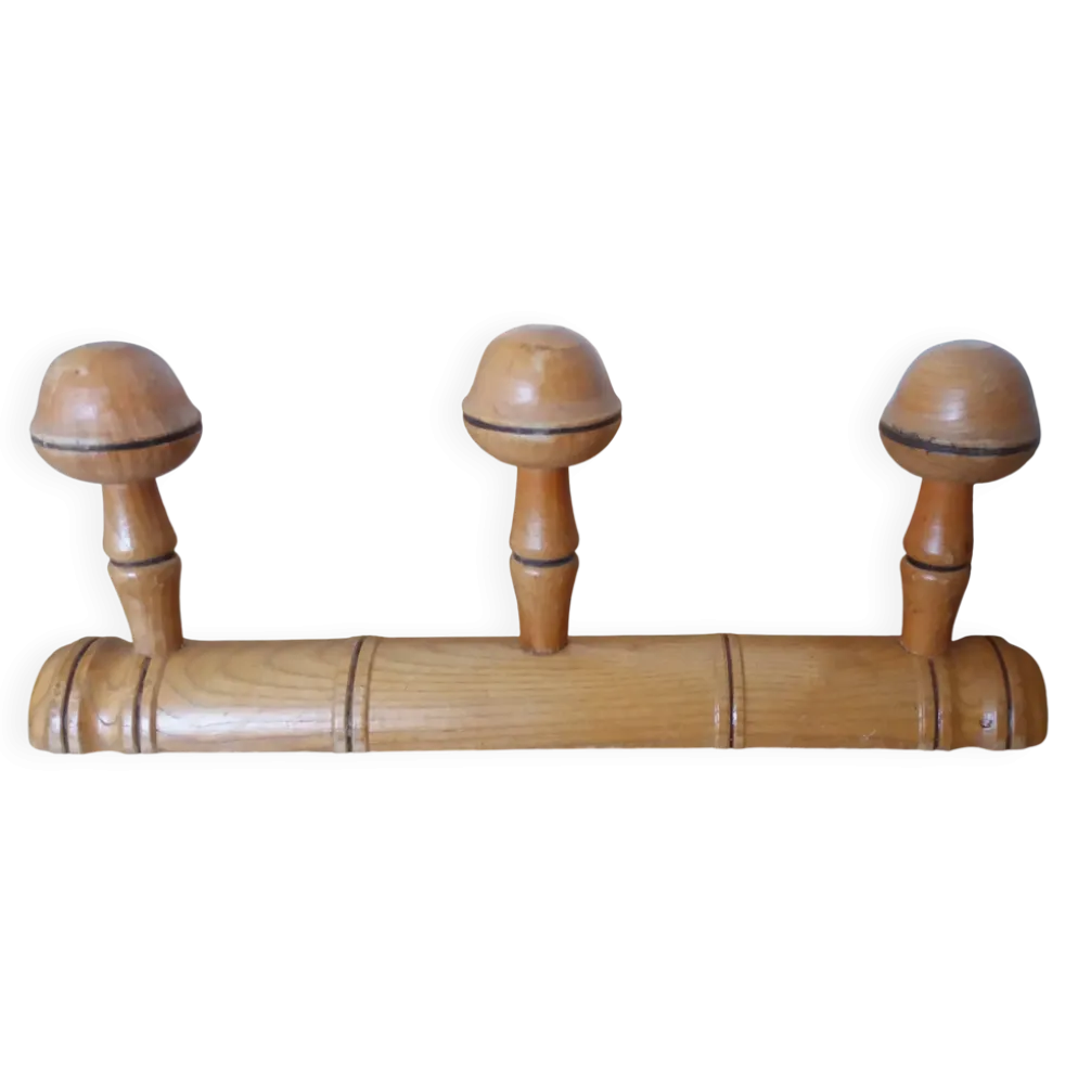 Porte manteau mural en bois façon bambou à 3 patères forme champignon