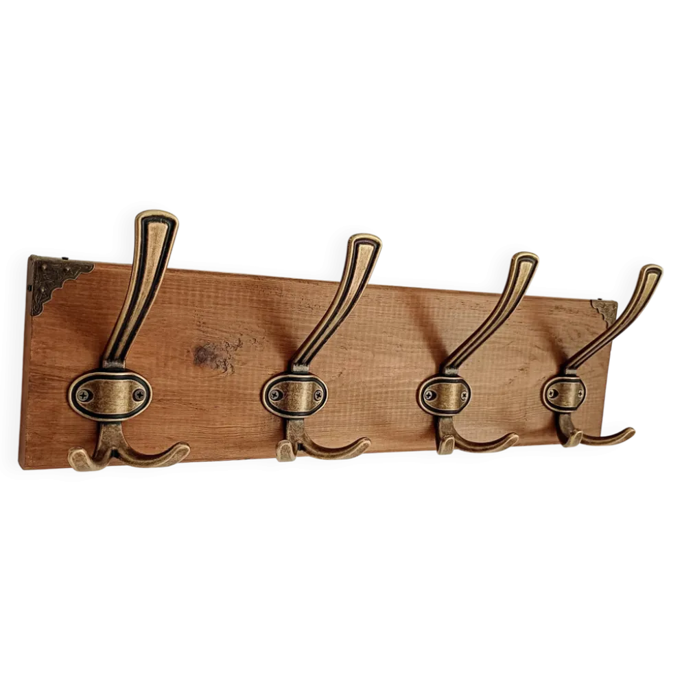 Porte-manteau mural en bois – 4 patères métalliques – 45 cm
