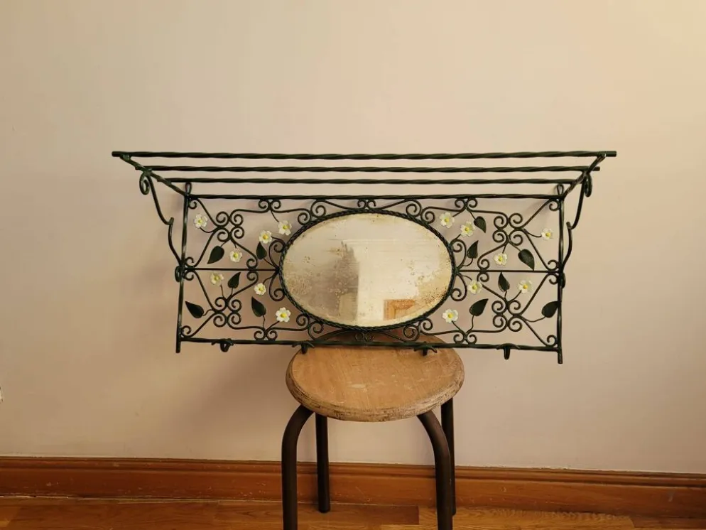 Porte-manteau mural en métal avec miroir et pâquerettes, fin années 50