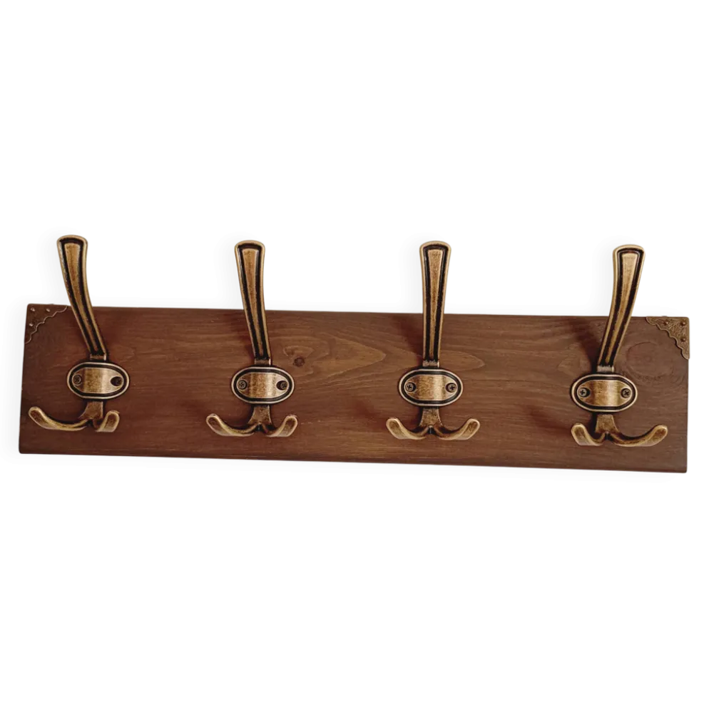 Porte-manteau mural style rustique– 50 cm – 4 patères métal – Bois teinté