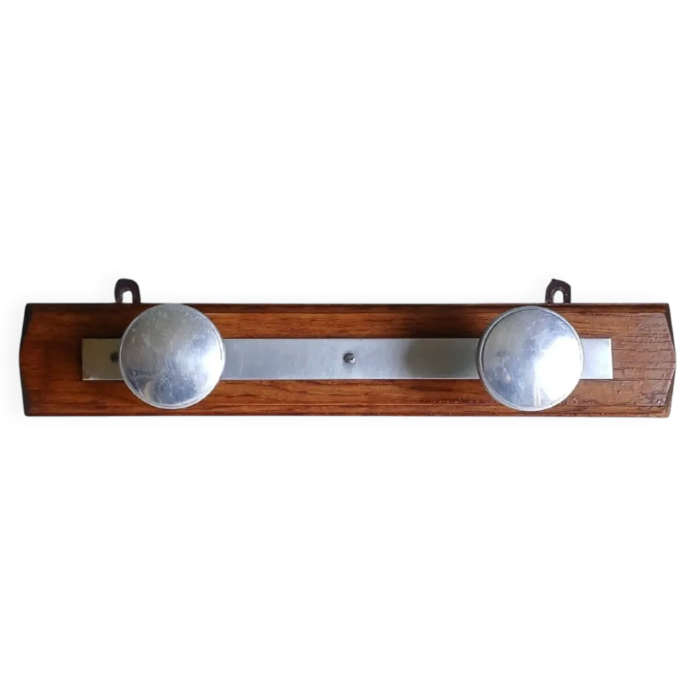 Porte-manteau 2 patères Art déco en chêne & aluminium, 1930