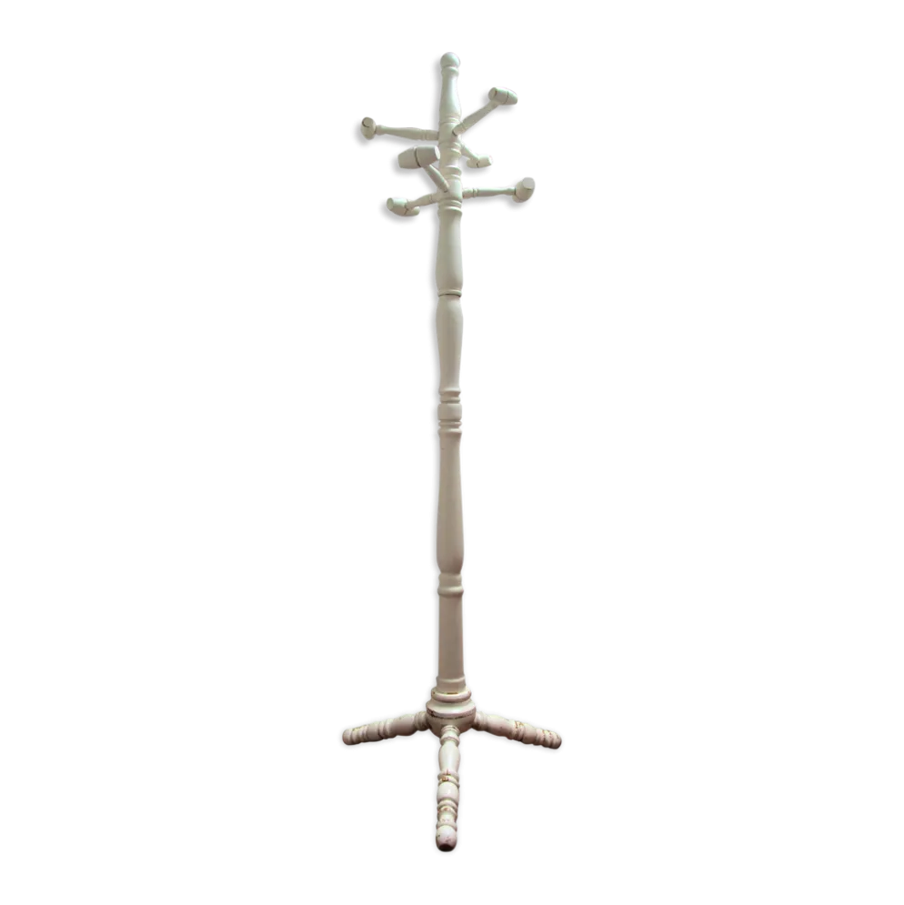 Portemanteau perroquet bois massif tourné blanc patiné vintage