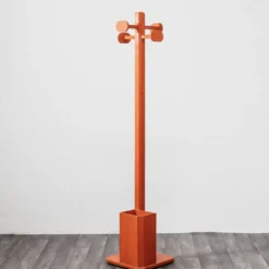 Porte-manteau porte-parapluie vintage des années 60 en bois orange mid-century