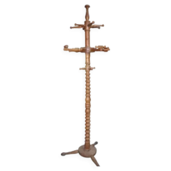 Portemanteau sur pied en hêtre marron tourné, colonne sculptée, trépied stable