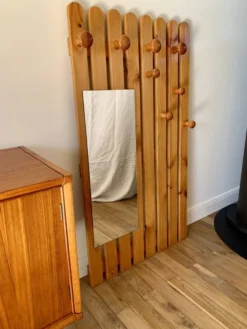 portemanteau vestiaire miroir en pin blond années 70-80