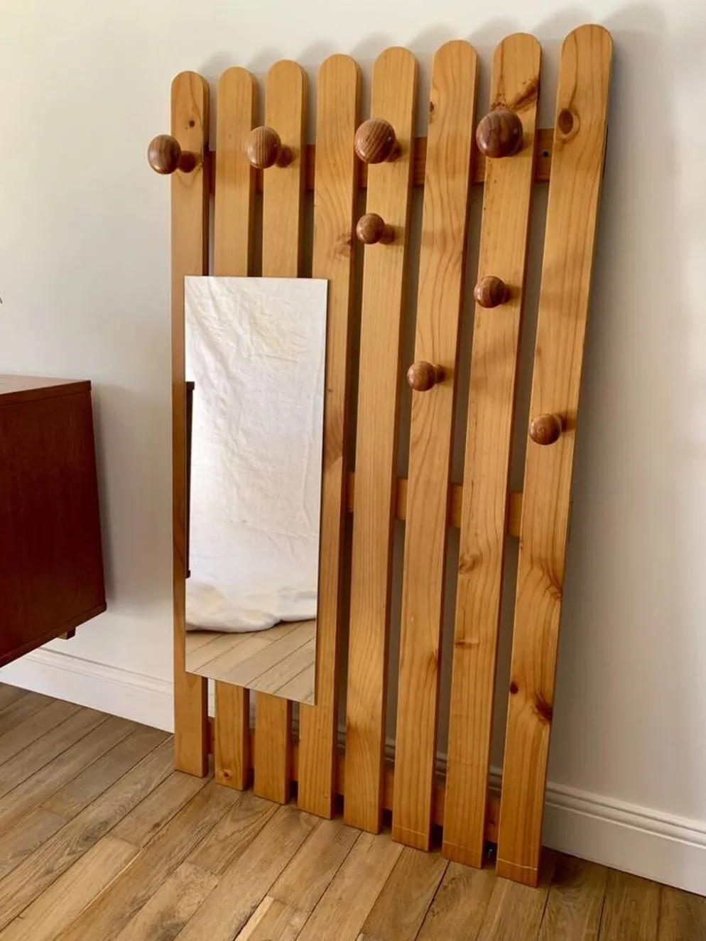 portemanteau vestiaire miroir en pin blond années 70-80