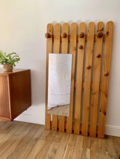 portemanteau vestiaire miroir en pin blond années 70-80