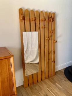 portemanteau vestiaire miroir en pin blond années 70-80