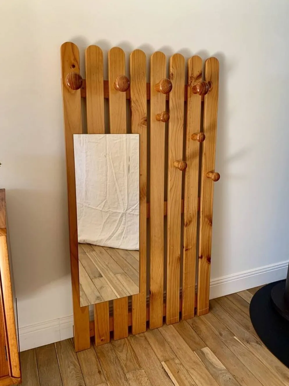 portemanteau vestiaire miroir en pin blond années 70-80