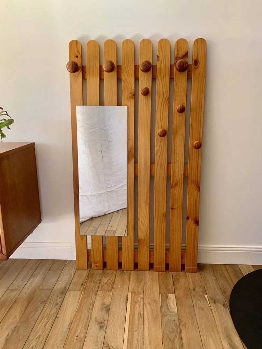 portemanteau vestiaire miroir en pin blond années 70-80