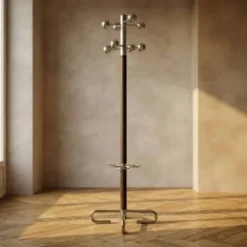 Porte-manteau vintage avec support pour parapluie, métal chromé et bois, milieu du 20e siècle, 175 x 42 cm