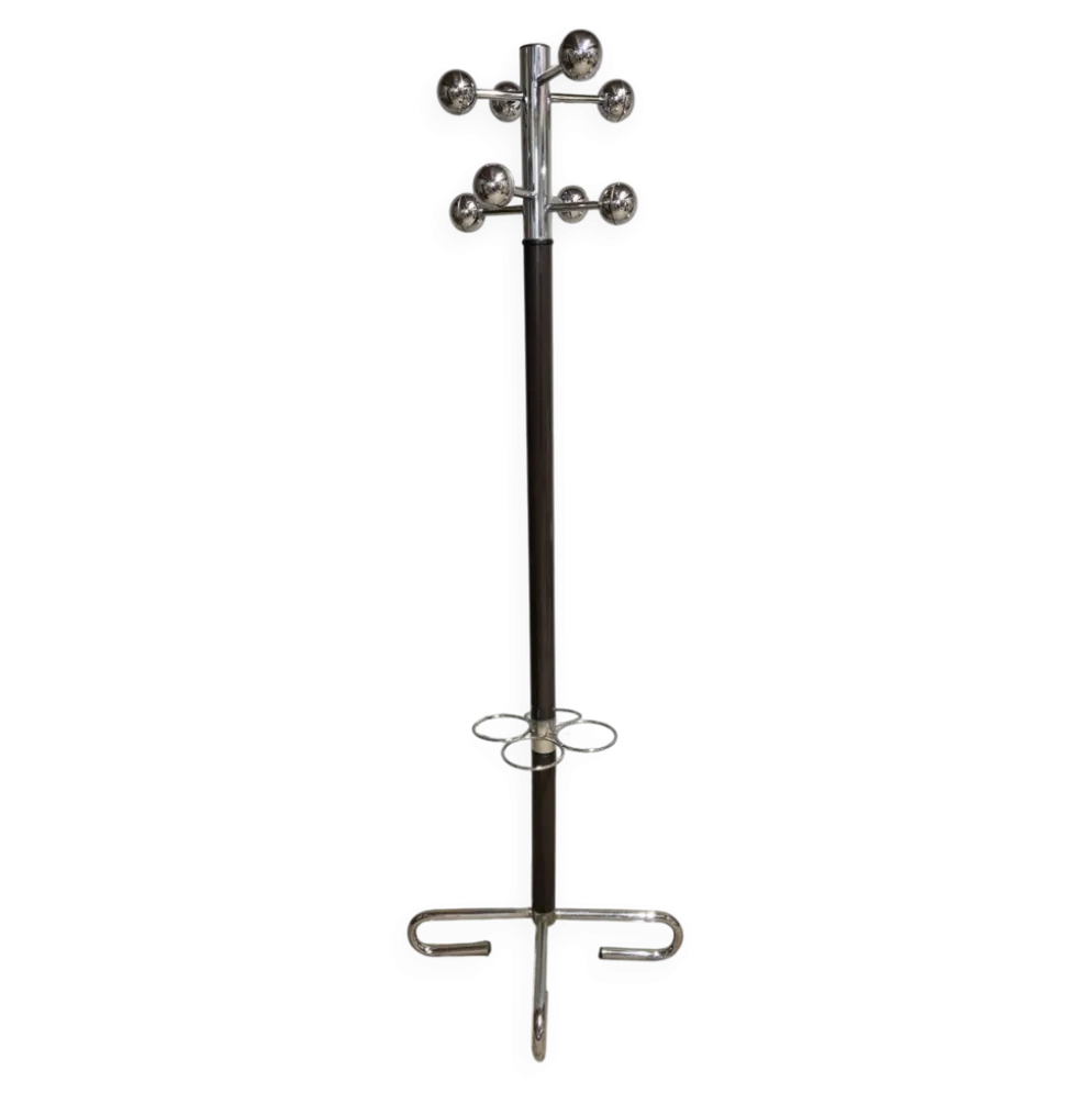 Porte-manteau vintage avec support pour parapluie, métal chromé et bois, milieu du 20e siècle, 175 x 42 cm