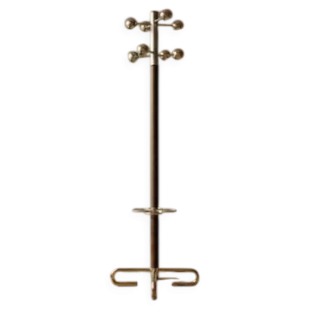 Porte-manteau vintage avec support pour parapluie, métal chromé et bois, milieu du 20e siècle, 175 x 42 cm