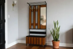Porte-manteau vintage en bois, autoportant, avec miroir et espace de rangement
