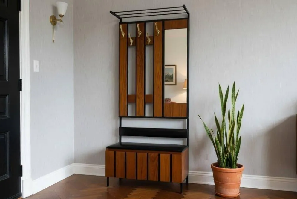 Porte-manteau vintage en bois, autoportant, avec miroir et espace de rangement
