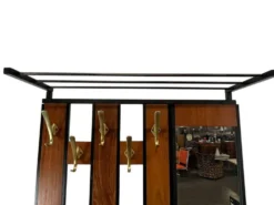 Porte-manteau vintage en bois, autoportant, avec miroir et espace de rangement