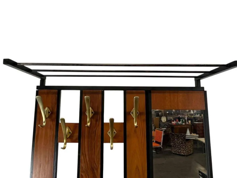 Porte-manteau vintage en bois, autoportant, avec miroir et espace de rangement