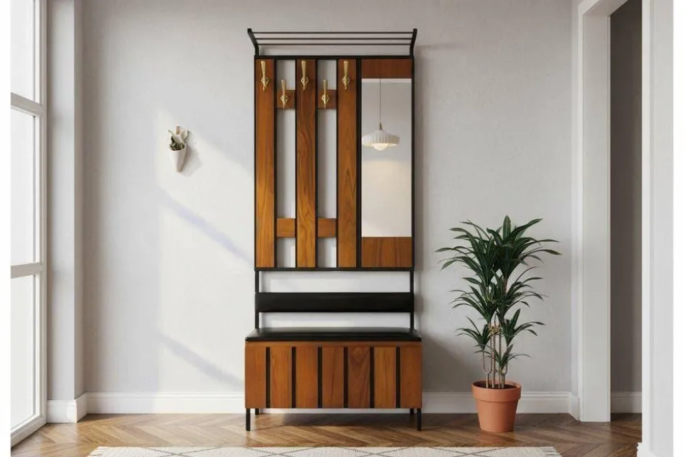 Porte-manteau vintage en bois, autoportant, avec miroir et espace de rangement