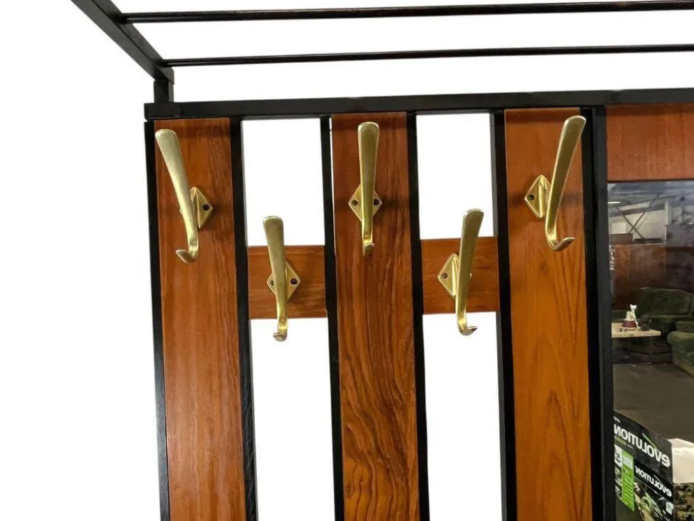 Porte-manteau vintage en bois, autoportant, avec miroir et espace de rangement