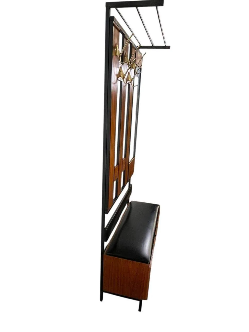 Porte-manteau vintage en bois, autoportant, avec miroir et espace de rangement