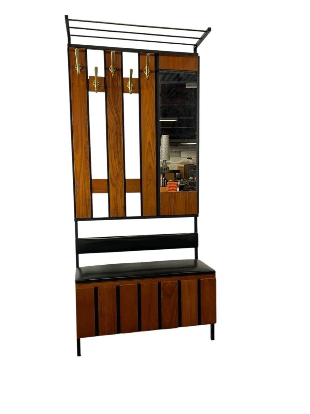 Porte-manteau vintage en bois, autoportant, avec miroir et espace de rangement