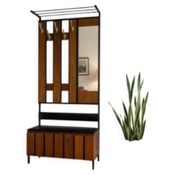 Porte-manteau vintage en bois, autoportant, avec miroir et espace de rangement