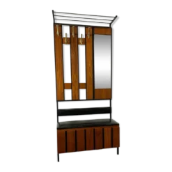 Porte-manteau vintage en bois, autoportant, avec miroir et espace de rangement
