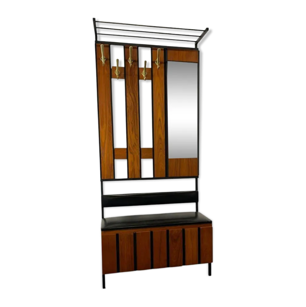 Porte-manteau vintage en bois, autoportant, avec miroir et espace de rangement