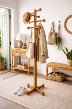 Porte-manteau vintage en bois tourné – design années 70 – patine authentiqu