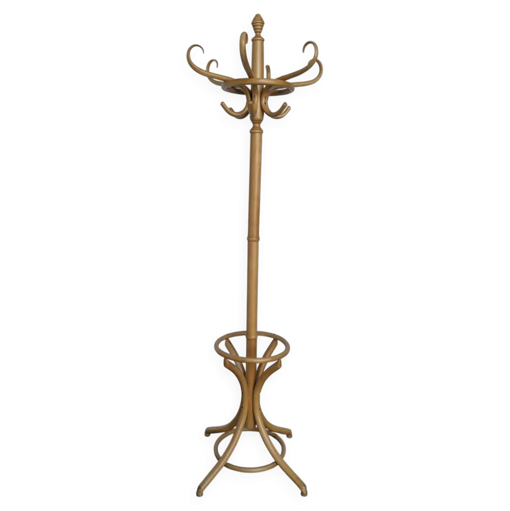 Porte-manteau vintage en bois cintré de style Thonet avec porte-parapluie.