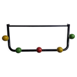 Portemanteau vintage en métal et bois, 5 patères, 74 cm