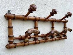 Porte-manteaux mural ancien en bois tourné façon bambou – fin XIXe
