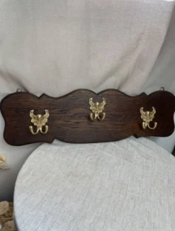 Porte-manteaux mural en bois, trois crochets en bronze